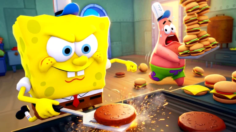 SpongeBob grilling a patty while Patrick carries a towering stack of burgers in official game promotional art